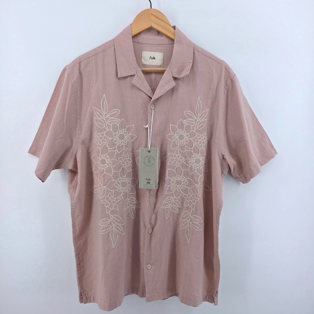 Folk Healey SS Shirt Pink Embroidered Linen Blend Floral Size Large